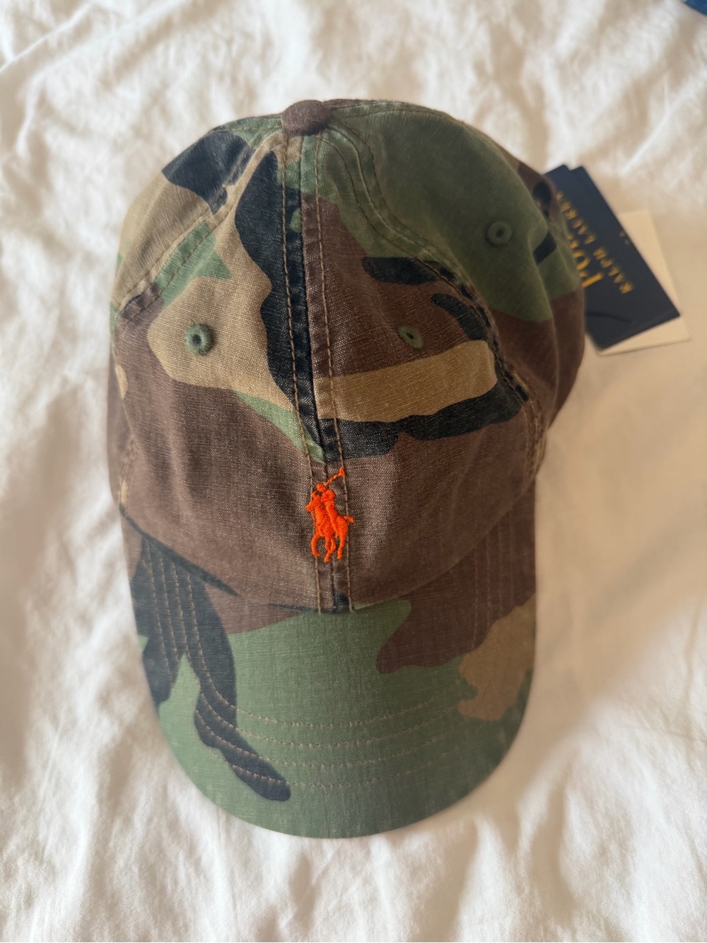 Ralph Lauren Camo Baseball Cap with Orange Pony Logo